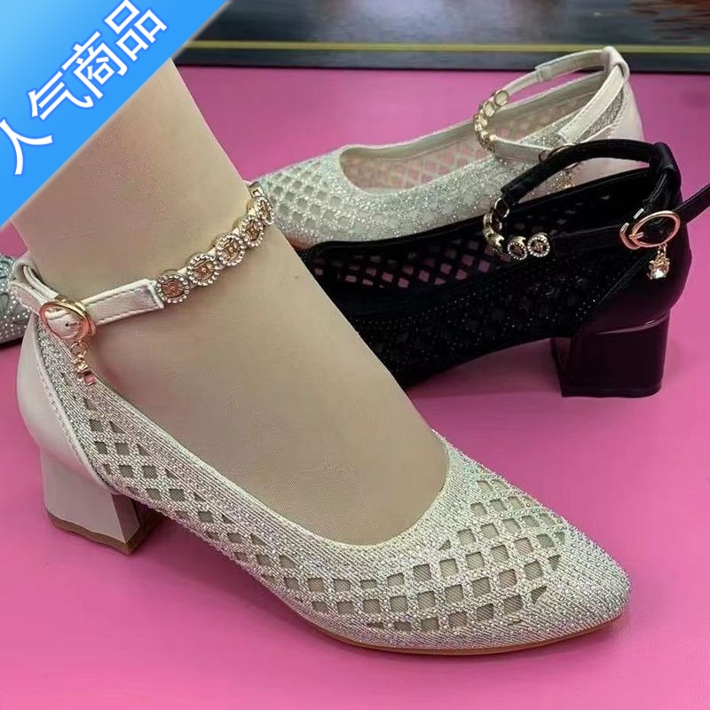 SUNTEK镂空女凉鞋2023夏季新款中年妈妈单鞋浅口优雅舞鞋配旗袍网鞋高清大图