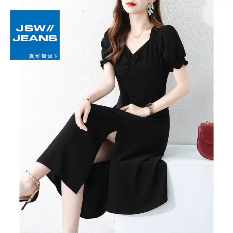 真维斯旗下JSW雪纺连衣裙2022新款夏修身收腰显瘦气质轻熟风开叉