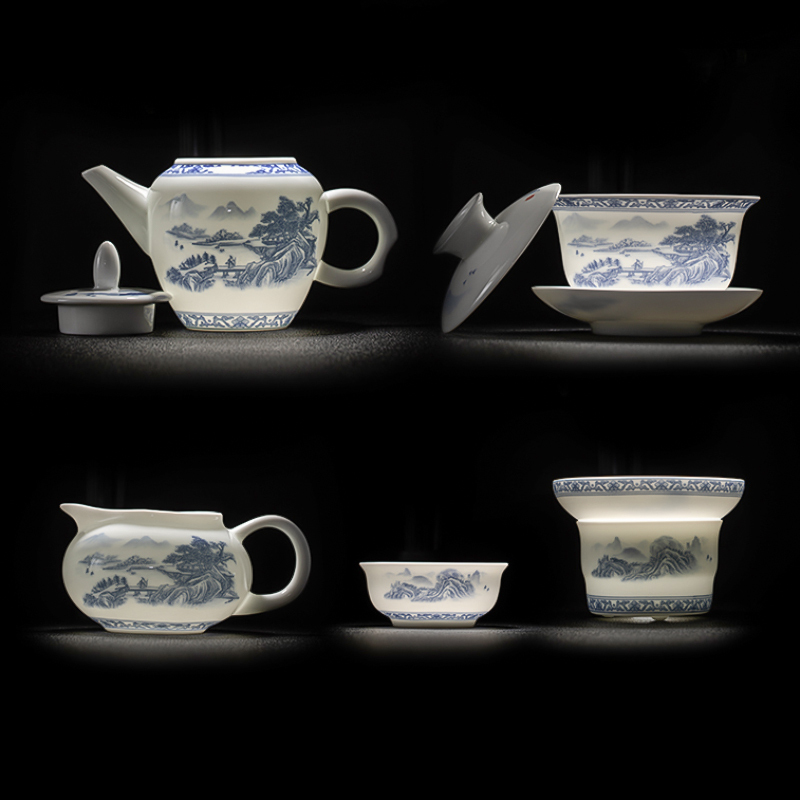 苏氏陶瓷(SUSHI CERAMICS)国潮青花功夫茶具大套组储水托盘三才盖碗泡茶壶礼盒装薄胎茶杯