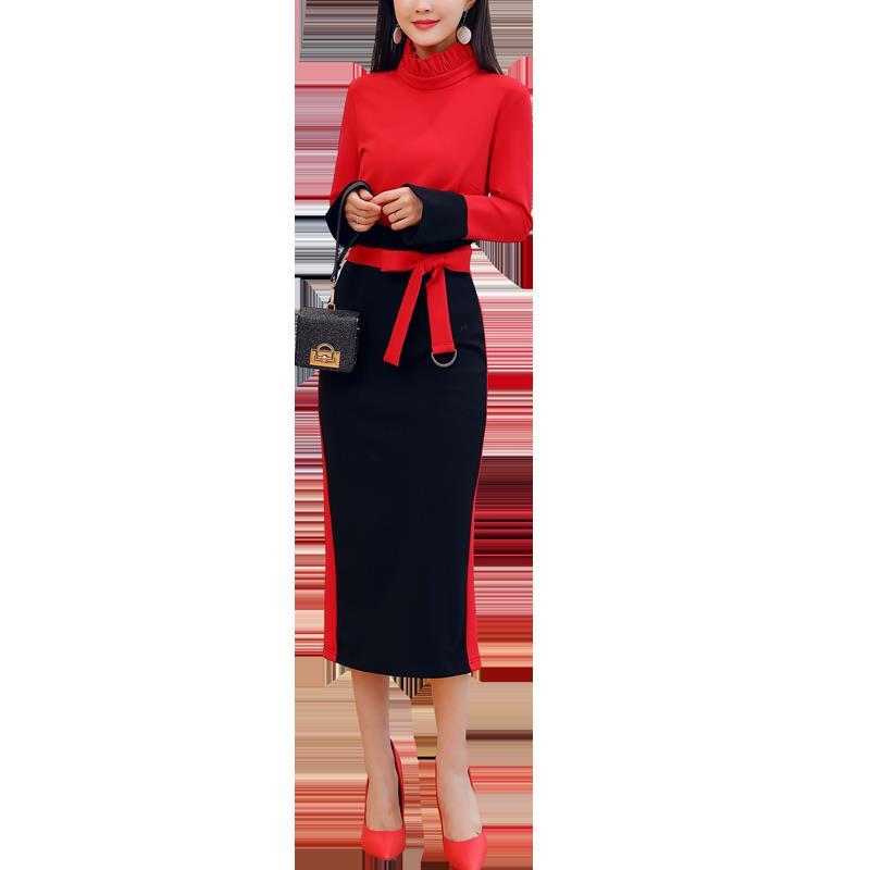 撞色针织连衣裙 包臀显瘦 蝴蝶结套裙2018秋季女时尚潮立领