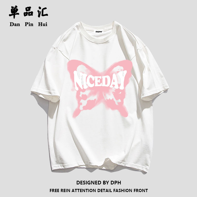 单品汇2022夏季新款纯棉短袖t恤女复古蝴蝶印花潮流学生上衣服ins