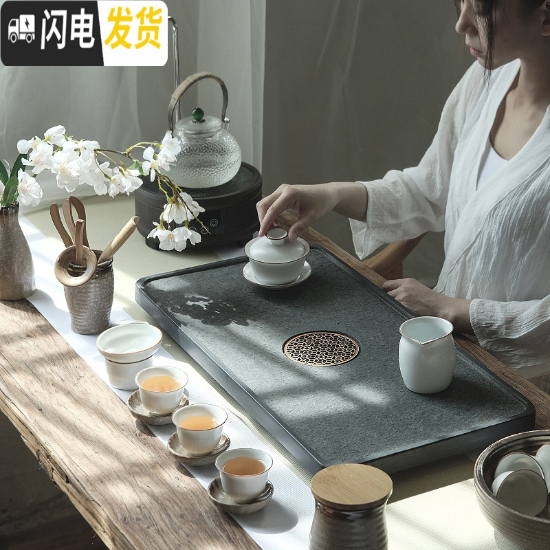 三维工匠整块乌金石石头茶盘泡茶具套装家用简约全自动烧水壶一体小茶台 80X30-窗花茶盘