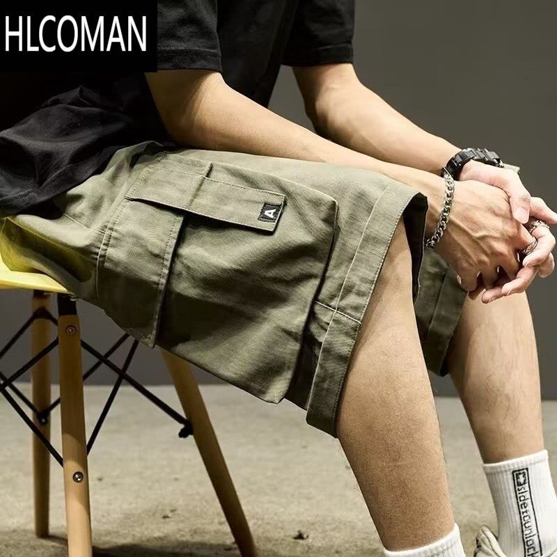 HLCOMAN工装短裤男生日系复古军绿色潮流直筒中裤机能五分裤夏季图片