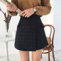 春装韩版高腰百搭不规则裙裤显瘦百搭A字裙格子短裙学生半身裙女深蓝