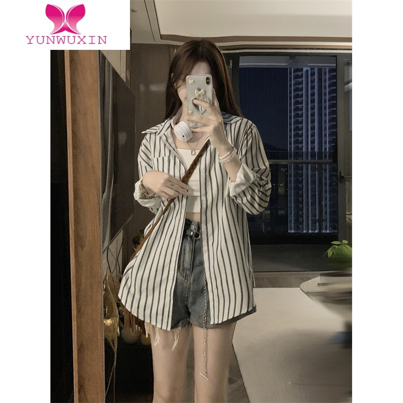YUNWUXIN法式条纹衬衫女秋装薄款休闲衬衣罩衫外套设计感小众长袖上衣