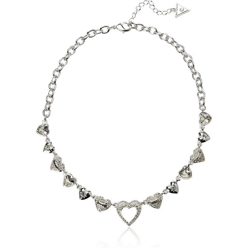 盖尔斯(GUESS)闪耀心形水晶银色调项链女款百搭时尚饰品日常晚宴通用