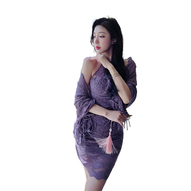 长夜漫漫情趣内衣性感新中式蕾丝立领旗袍纯欲辣妹紫色挂脖女1826EWLZ高清大图