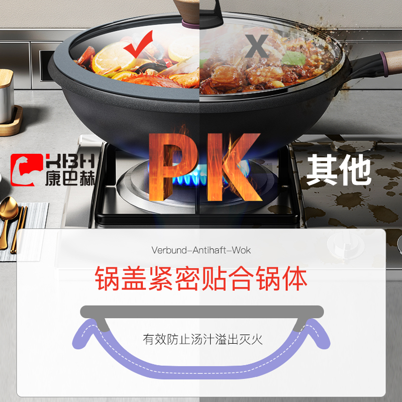 康巴赫锅具套装全套装厨房燃气家用不粘锅组合麦饭石色烹饪三件套 煎锅+炒锅套装高清大图