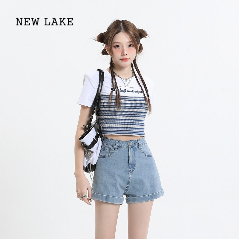 NEW LAKE黑色牛仔短裤女夏季薄款2024年新款高腰美式包臀显瘦卷边a字热裤