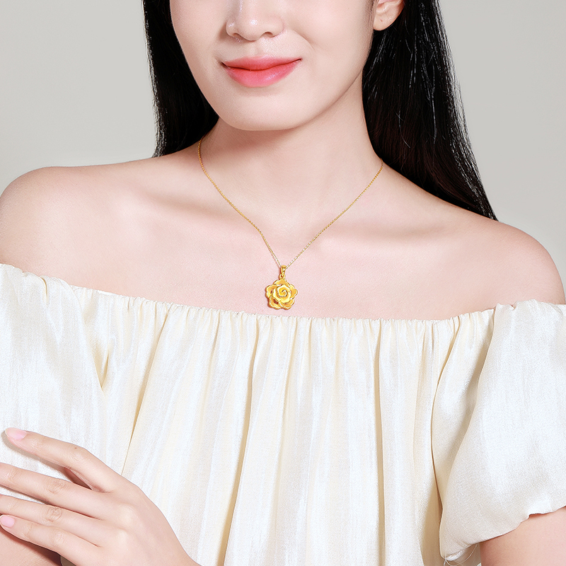 梦金园玫瑰花足金挂坠花蕊黄金吊坠花朵项坠送女友生日礼物