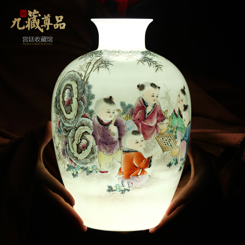 景德镇陶瓷器新中式手绘花瓶客厅家居玄关电视柜插花装饰工艺摆件收纳袋三维工匠