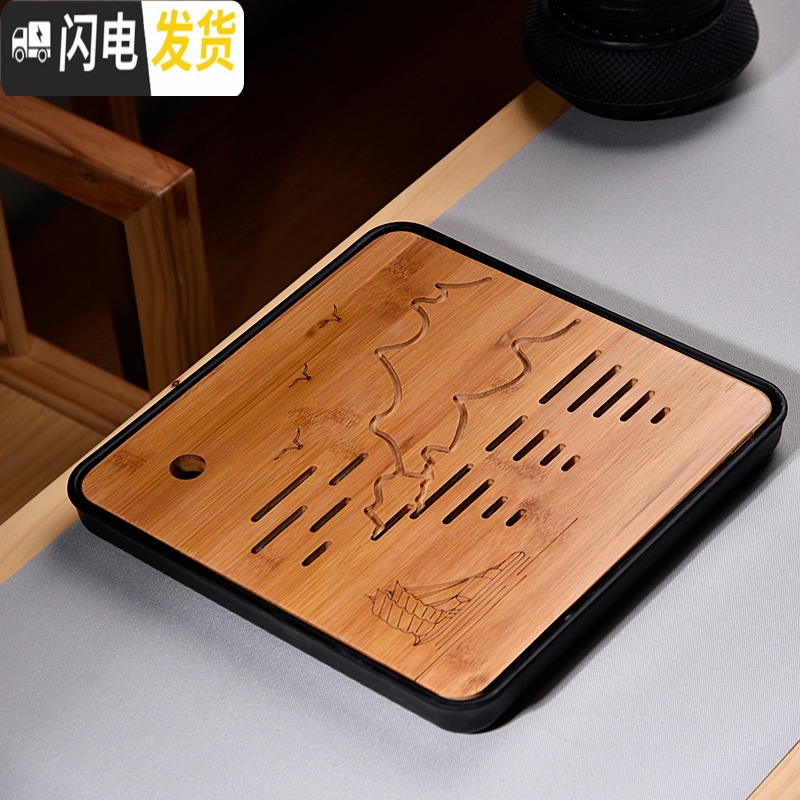 三维工匠家用简约功夫茶具茶盘套装迷你储水密胺干泡小茶台日式竹制茶托盘 密胺大长方江南水乡白茶盘36cm高清大图