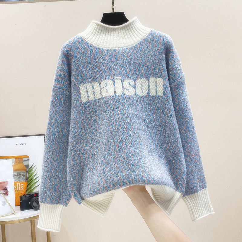fish basket撞色字母提花雪尼尔毛衣女宽松大码针织衫外套新款学生