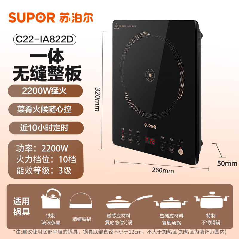 苏泊尔(SUPOR)电磁炉家用电陶炉炒菜一体面板10档火力调控2200w大功率多功能烹饪电池炉料理机C22-IA822D高清大图