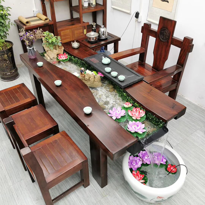 花千紫老船木茶桌椅组合实木鱼缸循环流水养鱼1米8茶台禅意中式功夫