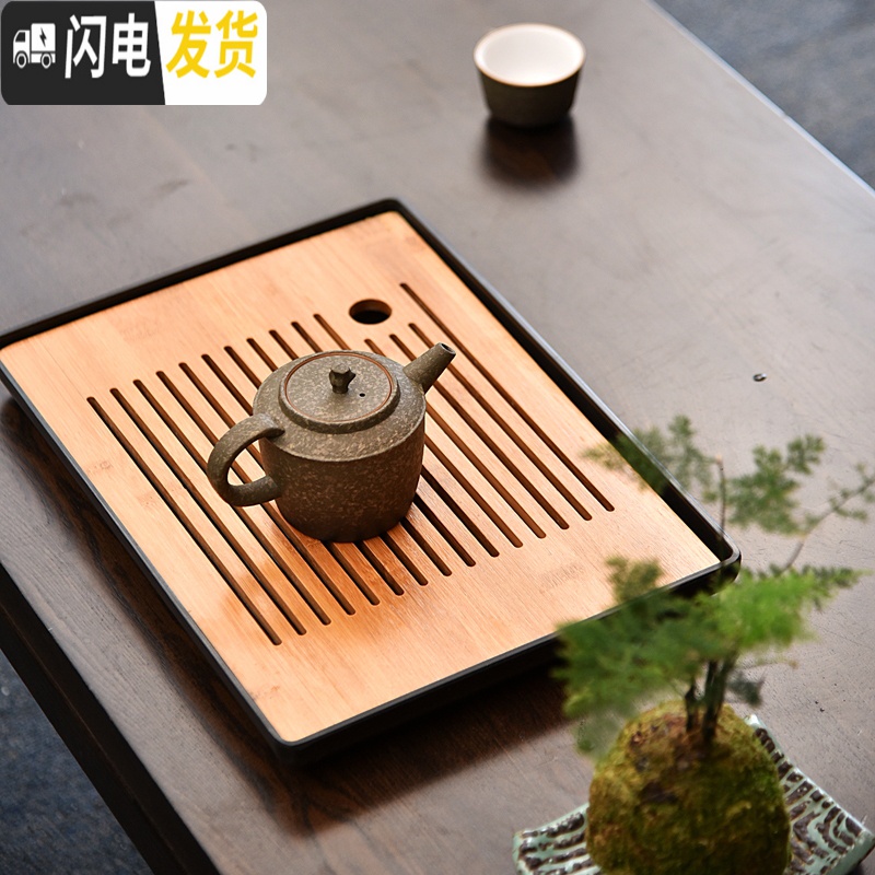 三维工匠家用密胺茶盘简约圆形日式小茶台干泡竹托盘功夫茶具储水 密胺茶字黑石磨茶盘(防滑垫款)高清大图