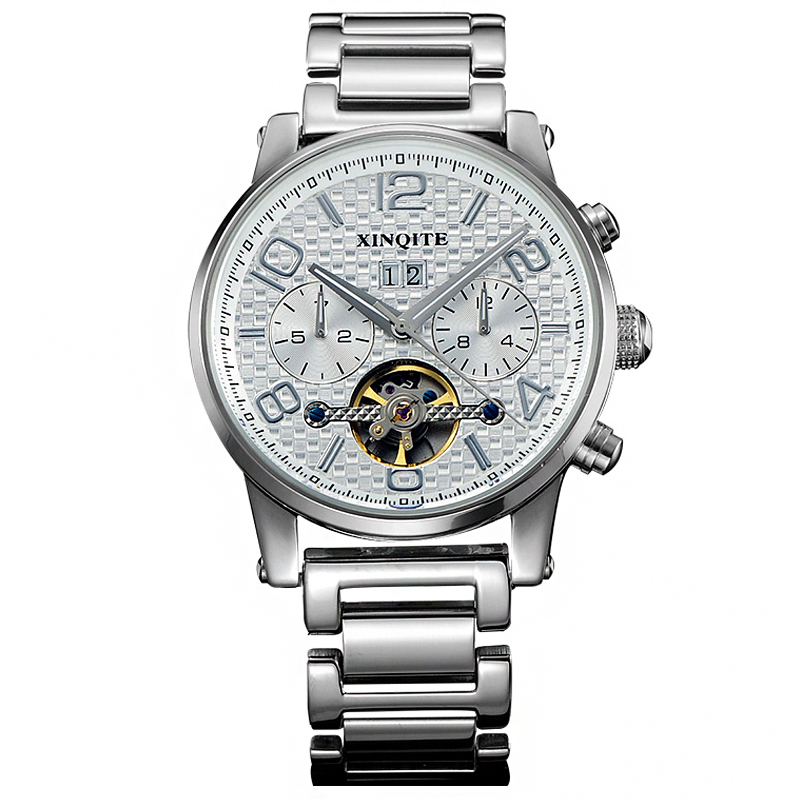 新奇特正品手表男士多功能军表运动自动机械表大表盘防水钢带皮带时尚简约商务新款男表X-06 白钢白面钢带