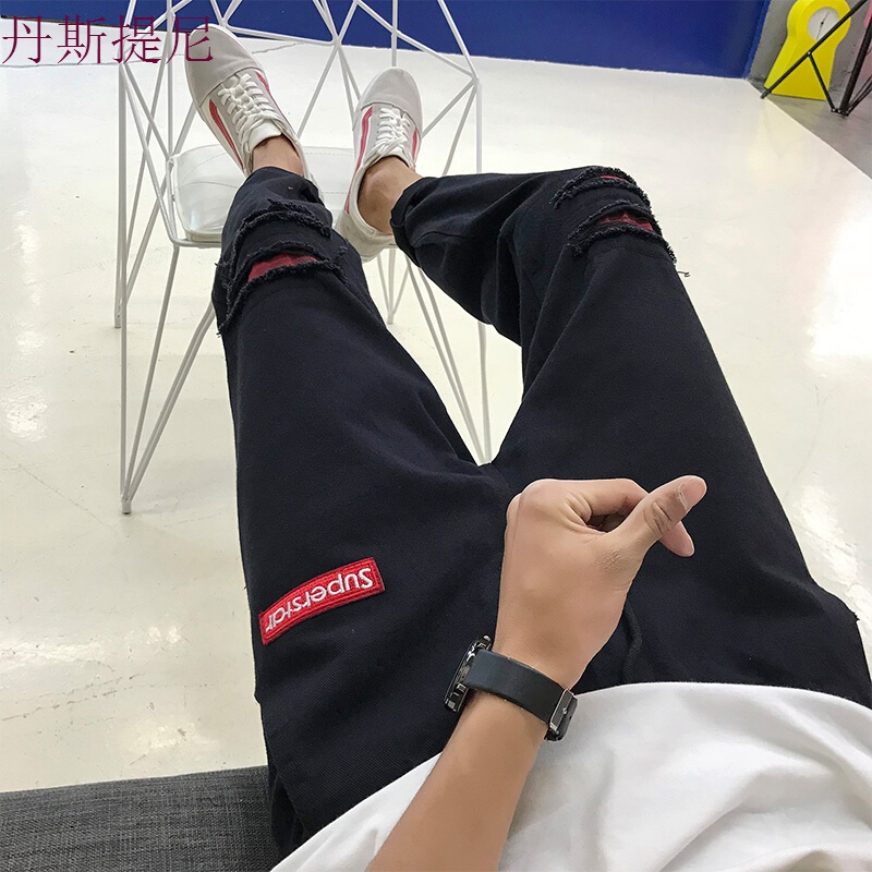 港风破洞九分牛仔裤男2018韩版潮流小脚9分休闲百搭乞丐裤子黑色A13#@775