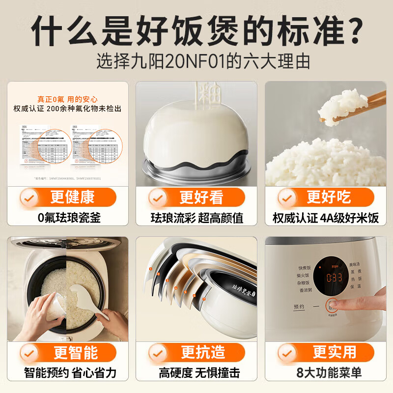 九阳(Joyoung)电饭煲0氟珐琅瓷釜2升微压快煮家用电饭锅铁釜球胆不粘多功能柴火杂粮饭智能预约煮饭锅F-20NF01高清大图