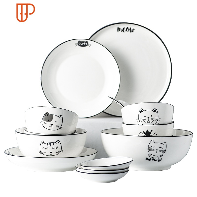 日式卡通碗碟家用餐具陶瓷盘子个性创意碗盘勺套装吃饭米饭碗汤碗国泰