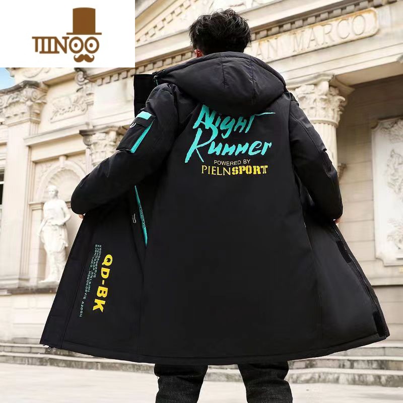 YANXU棉衣男中长款冬季外套韩版潮青少年帅气连帽羽绒棉服学生加厚棉袄 9007-黑绿 XXL135斤-150斤