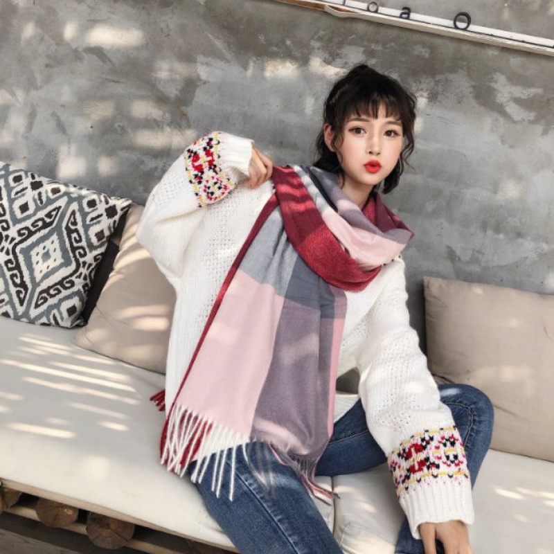 2023新款加厚围巾女冬季韩版网红围脖披肩保暖流苏格子围巾高清大图