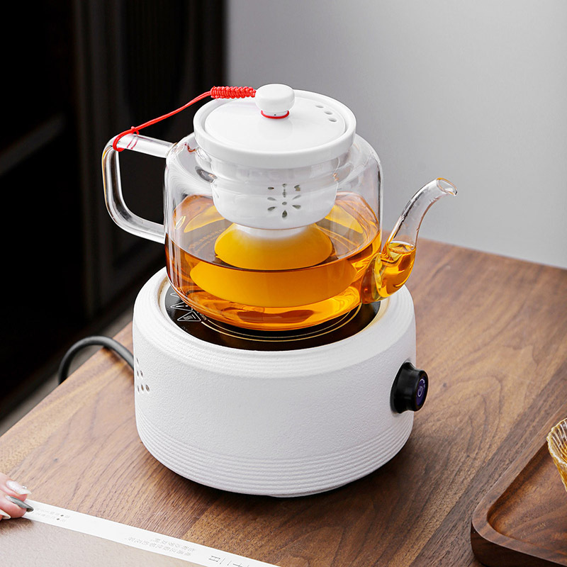 日式玻璃烧茶壶陶瓷内胆茶具电陶炉蒸茶器蒸茶壶煮茶器 雨濛蒸茶器(白)配福运白电陶炉