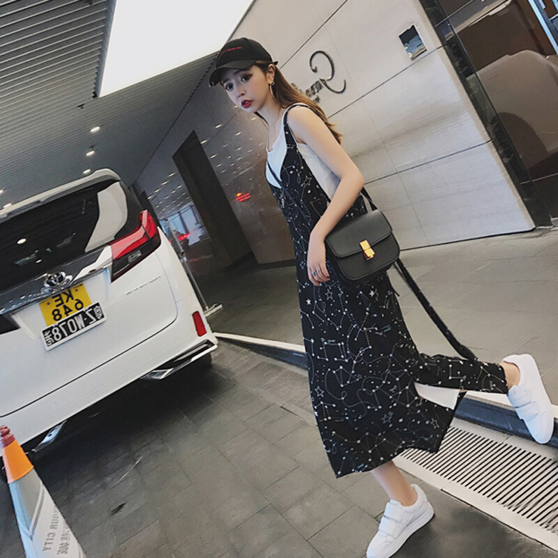 2018新款雪纺pphome长裙慵懒风港风带女夏两件套学生连衣裙星空裙+白色打底裙