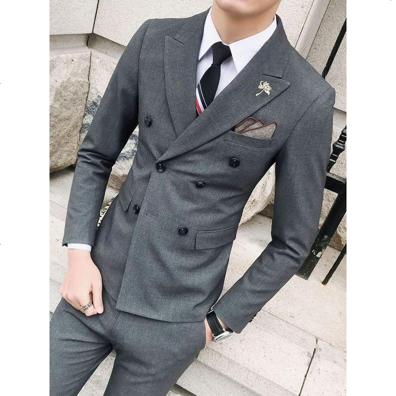 韩版休闲潮流双排扣西服套装男修身发型师小西装英伦新郎结婚礼服