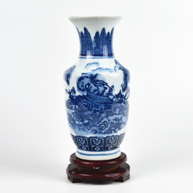 景德镇仿古青花山水陶瓷器花瓶 现代客厅博古架装饰品工艺品摆件 三维工匠 金钟(不含底座)高清大图