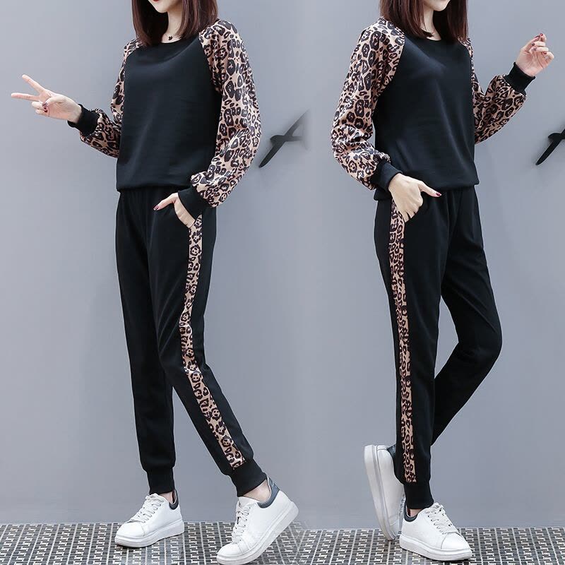 迪鲁奥(DILUAO)哺乳孕妇套装春装2021新款时尚圆领豹纹拼接喂奶衣+托腹哈伦裤子 袖子拼接豹纹图片