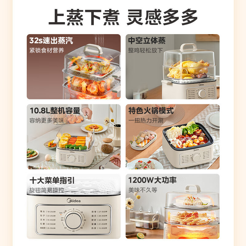 美的(Midea)MZ-ZGE2323J52电蒸锅 电煮锅 电火锅多功能家用电锅蒸包子锅电热锅煮蛋器三层蒸笼大容量