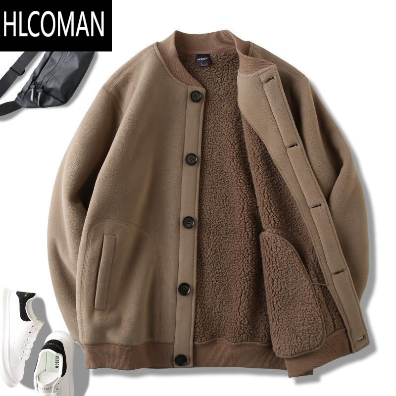 HLCOMAN美式复古男装摇粒绒加厚加绒男士外套飞行棒球夹克抓绒p暖上衣潮 卡其色秋冬加绒 M推荐105-125斤