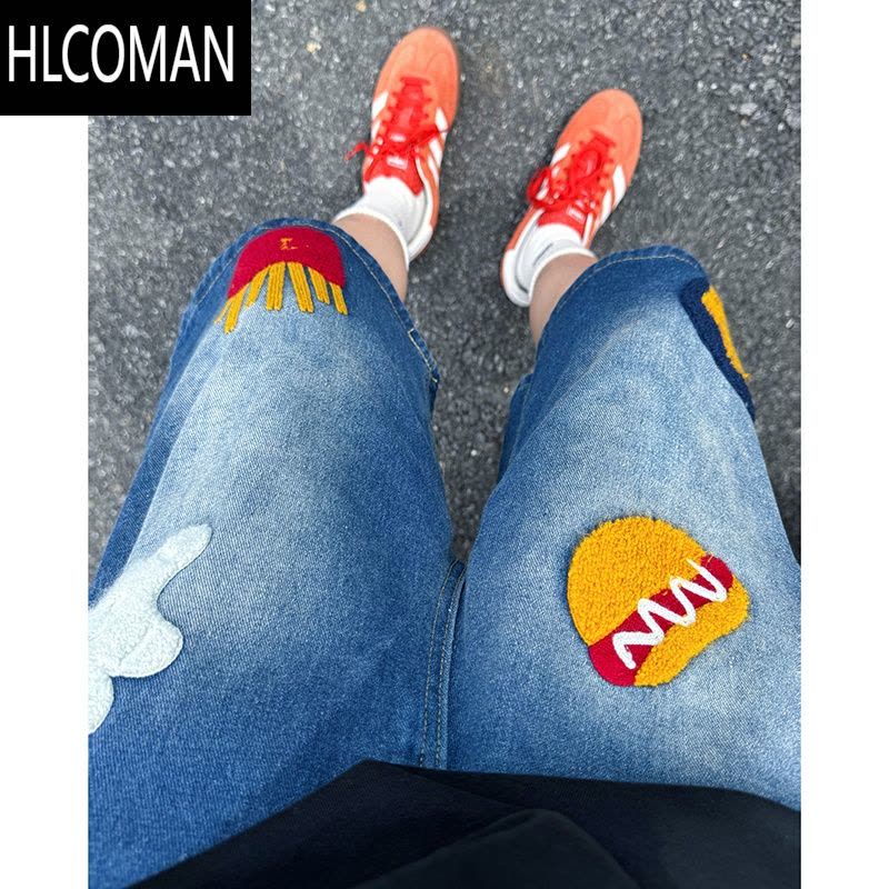 HLCOMAN复古汉堡薯条毛巾绣牛仔短裤男女宽松夏季2025新款直筒阔腿五分裤图片