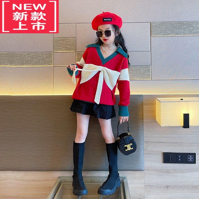 可莉允女童毛衣2022新款秋冬时髦洋气小女孩红色针织衫中大童保暖秋装潮图片