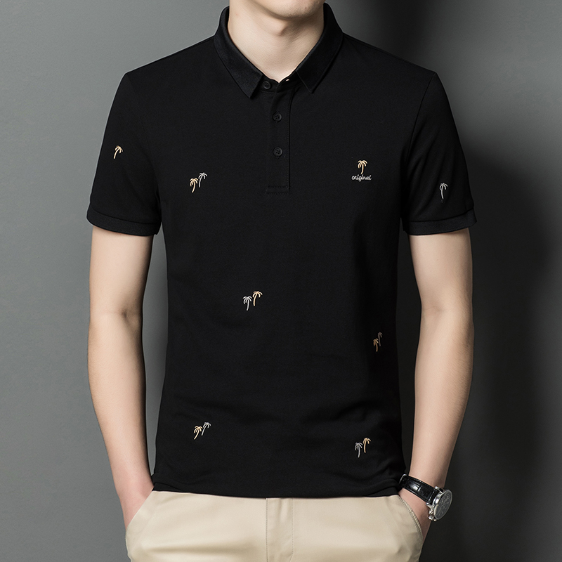 专柜品牌冰丝棉短袖T恤男士夏季翻领韩版凉爽汗衫半袖男装潮流刺 黑色 165