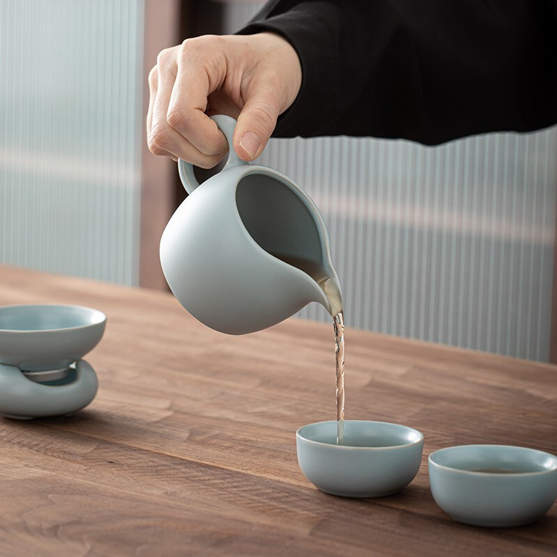 苏氏陶瓷(SUSHI CERAMICS) J0431 汝窑·茶具组(杯壶盖碗茶漏组) 10件套 (单位:套)高清大图