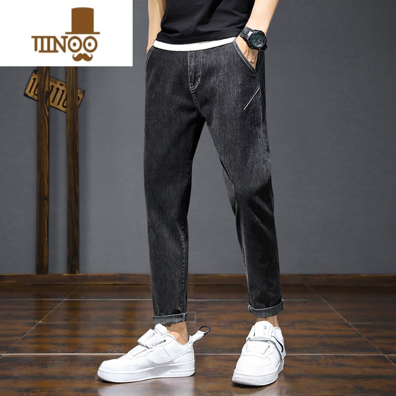 YANXU牛仔裤男2023新款黑色潮牌修身小脚直筒潮休闲秋款新塘水洗高清大图