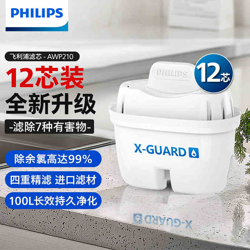 飞利浦净水壶厨房净水器自来水过滤壶直饮滤水器家用4.2L过滤水壶AWP2814 去水垢专家版滤芯12只装 4.2L