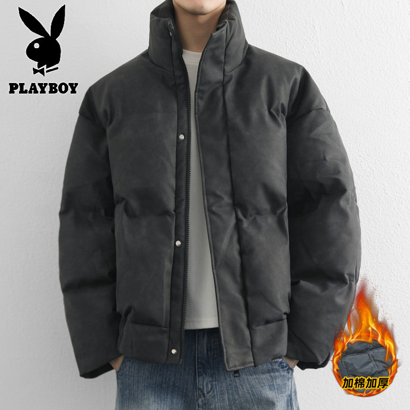 花花公子新款高品质秋冬青少年加棉加厚PU棉衣男港风时尚棉服高清大图