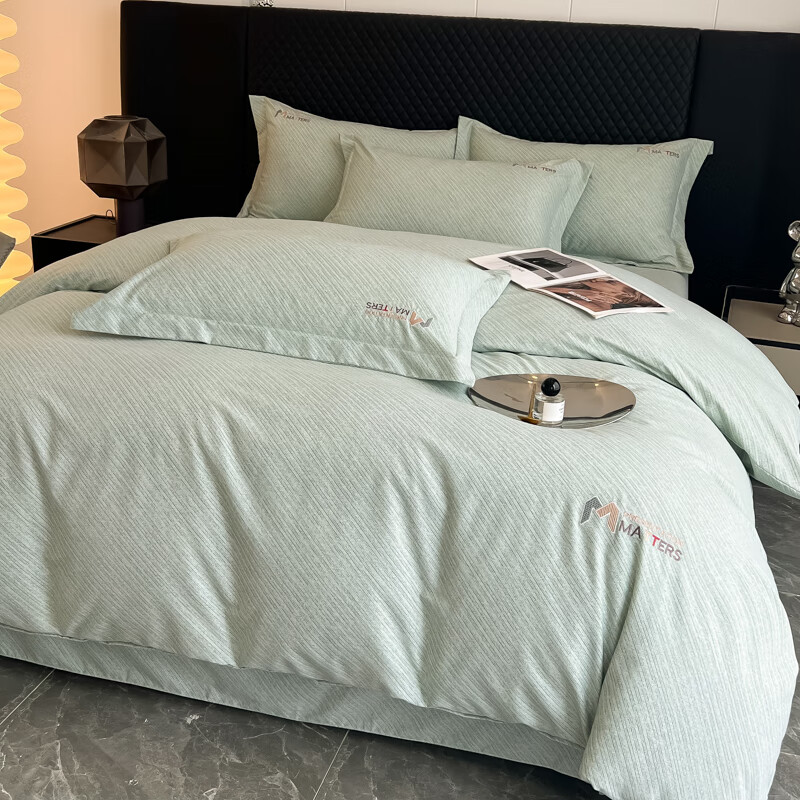 悠梦嘉居 全棉长绒棉磨毛刺绣四件套 1.5/1.8床可使用 被套+床单+枕套*2 碧水绿 YJ-14569高清大图