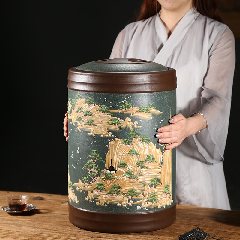 系客舟系砂茶叶罐大号泥绘20饼装普洱储茶罐大号密封茶罐存茶罐