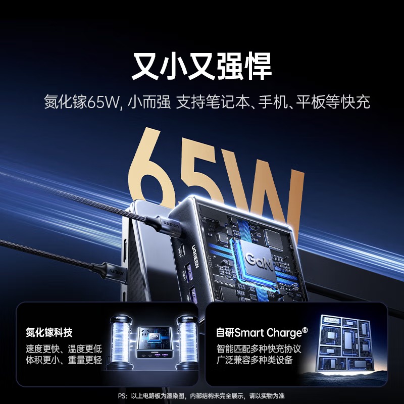绿联S650桌面充电站插排 氮化镓65W快充电器插线板8孔总控1.5米高清大图
