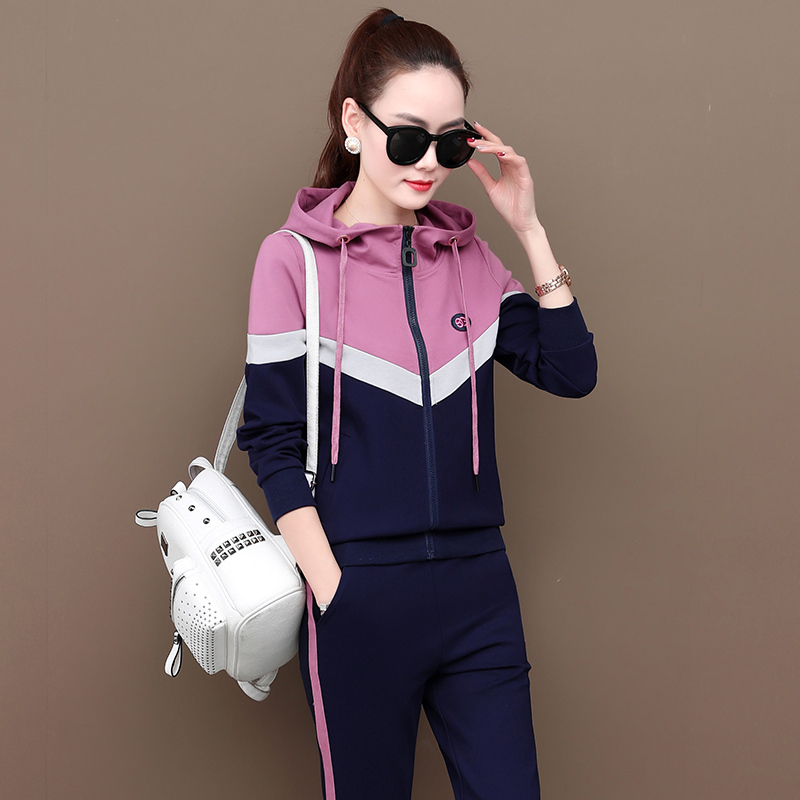 均妮运动套装女春秋新款连帽长袖休闲卫衣两件套运动服女套装韩版时尚