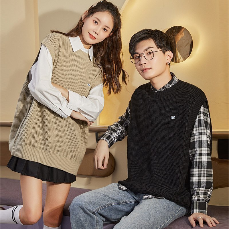 唐狮0春季新款情侣背心男女同码宽松圆领外穿学院风针织马甲潮 XXL 黑色