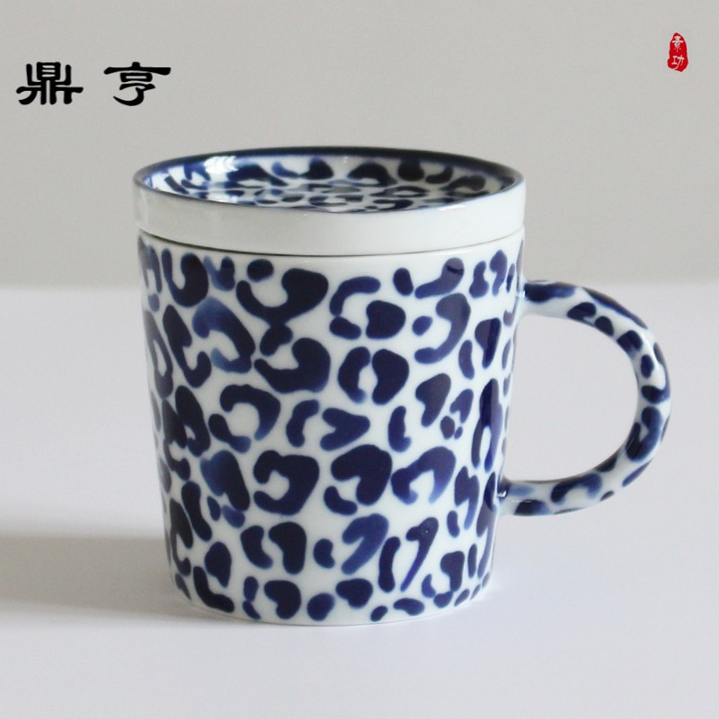 鼎亨景德镇手绘陶瓷马克杯高温陶瓷带盖勺咖啡杯创意早餐杯定制礼