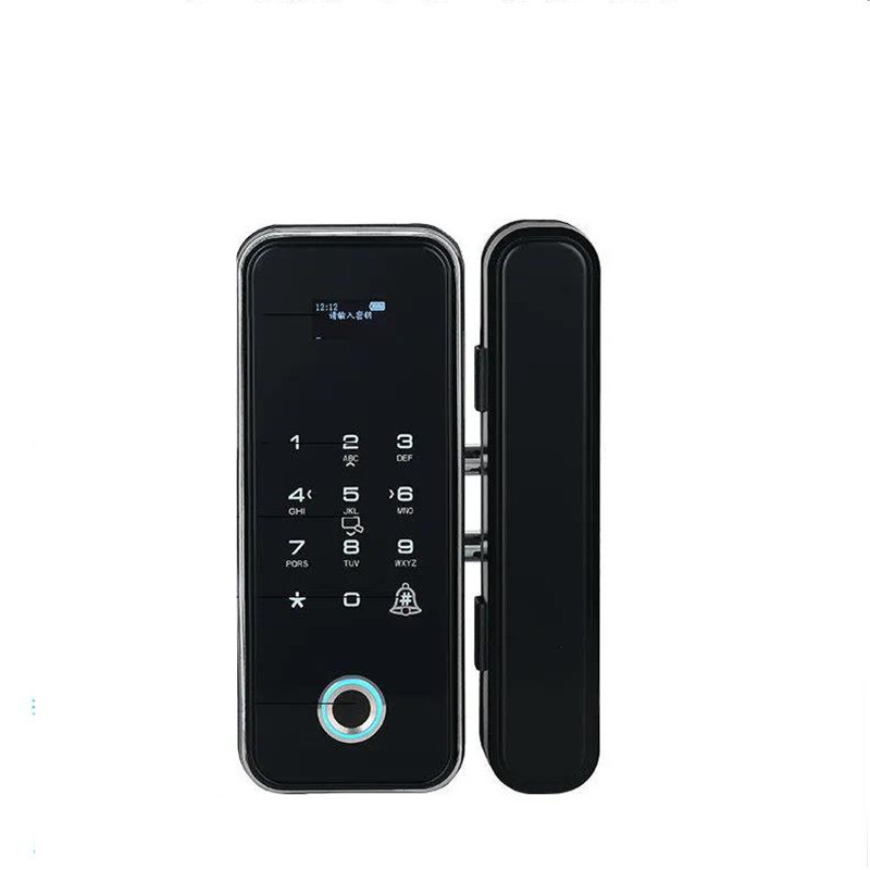 办公室玻璃门指纹锁免开孔密码锁单双门有无框智能全自动电子门锁 考勤指纹一体机 黑色 双门无框