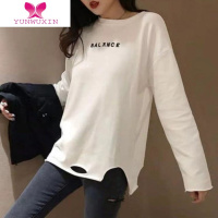 YUNWUXIN155小个子白色长袖t恤女2022秋装新款宽松百搭破洞上衣打底衫