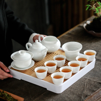 苏氏陶瓷 SUSHI CERAMICS 茶具套装简约白瓷功夫茶具茶杯带竹面储水式茶盘套组(茶壶+三才盖碗)
