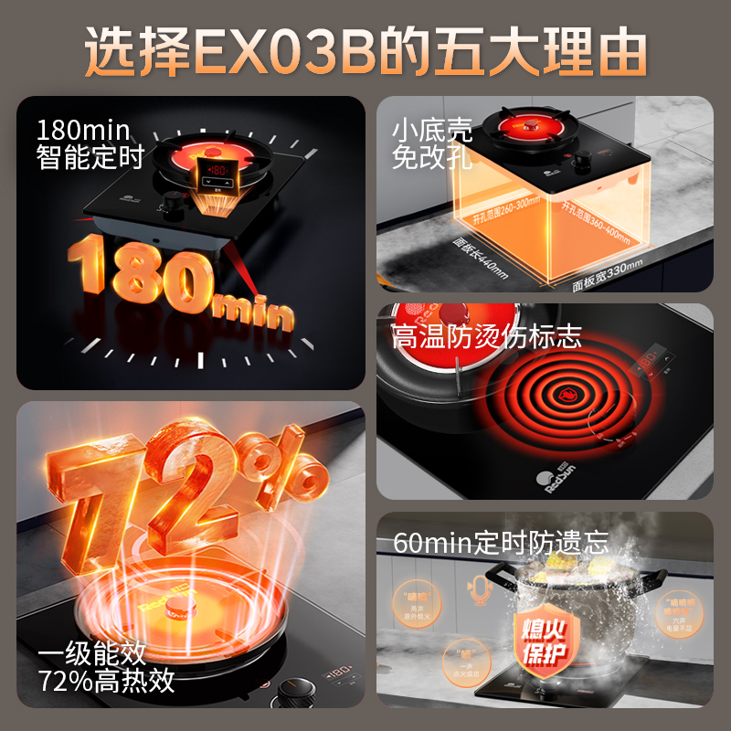 红日(RedSun)猛火红外线燃气单灶 180min触控自由定时 72%高热效 防烫提醒 加厚玻璃面板EX03B 天然气高清大图